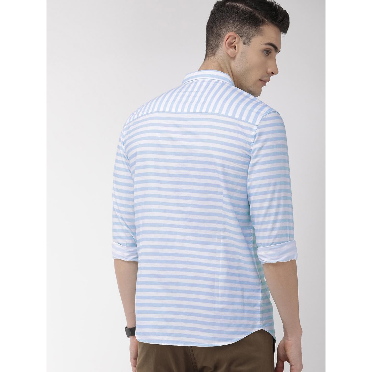 IndoPrimo Men's Classic Fit Cotton Casual Super Striped Shirt for Men Full Sleeves (in, Alpha, L, Regular, Sky)