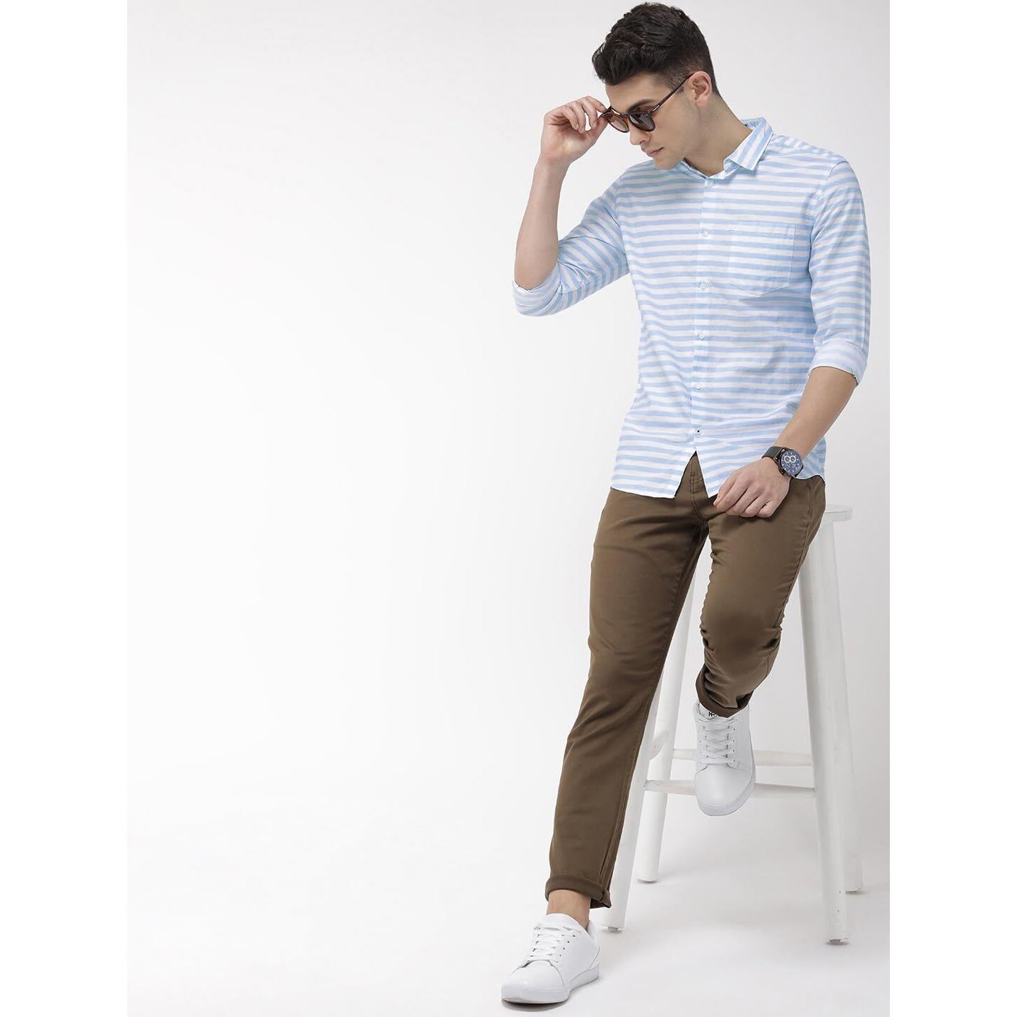 IndoPrimo Men's Classic Fit Cotton Casual Super Striped Shirt for Men Full Sleeves (in, Alpha, L, Regular, Sky)