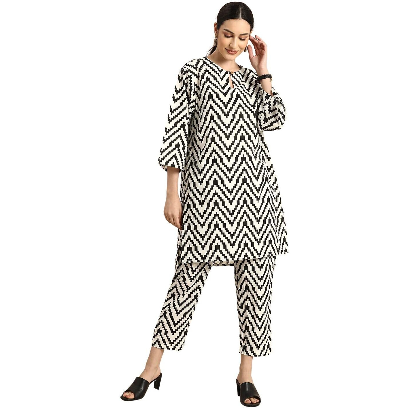 rytras Women's Printed Straight Kurta and Pant Set(White,M)
