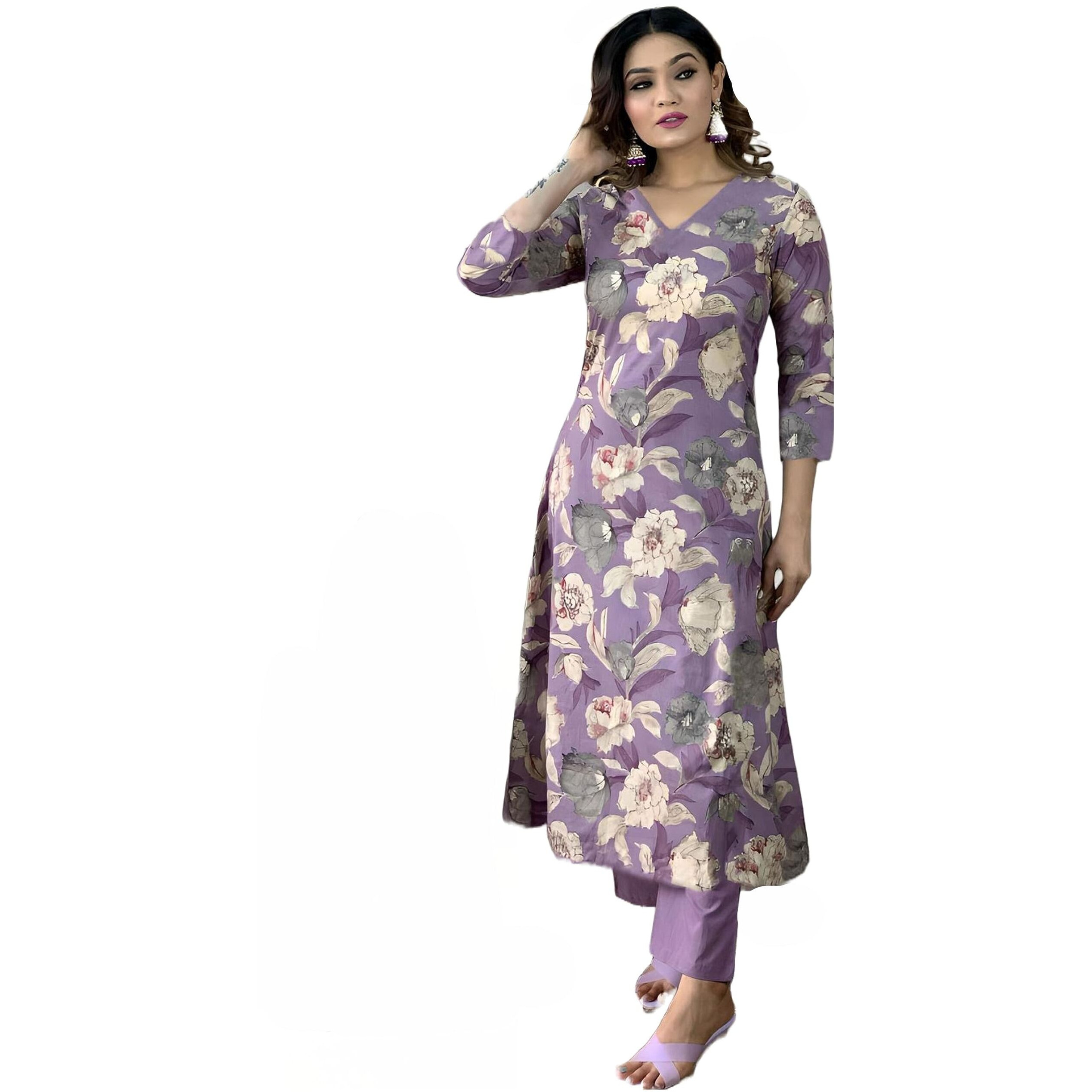 ANNI DESIGNER Women's Rayon Straight Printed Kurta with Pant Set (DHUN-Purple-NW_XXL_Purple_XX-Large)