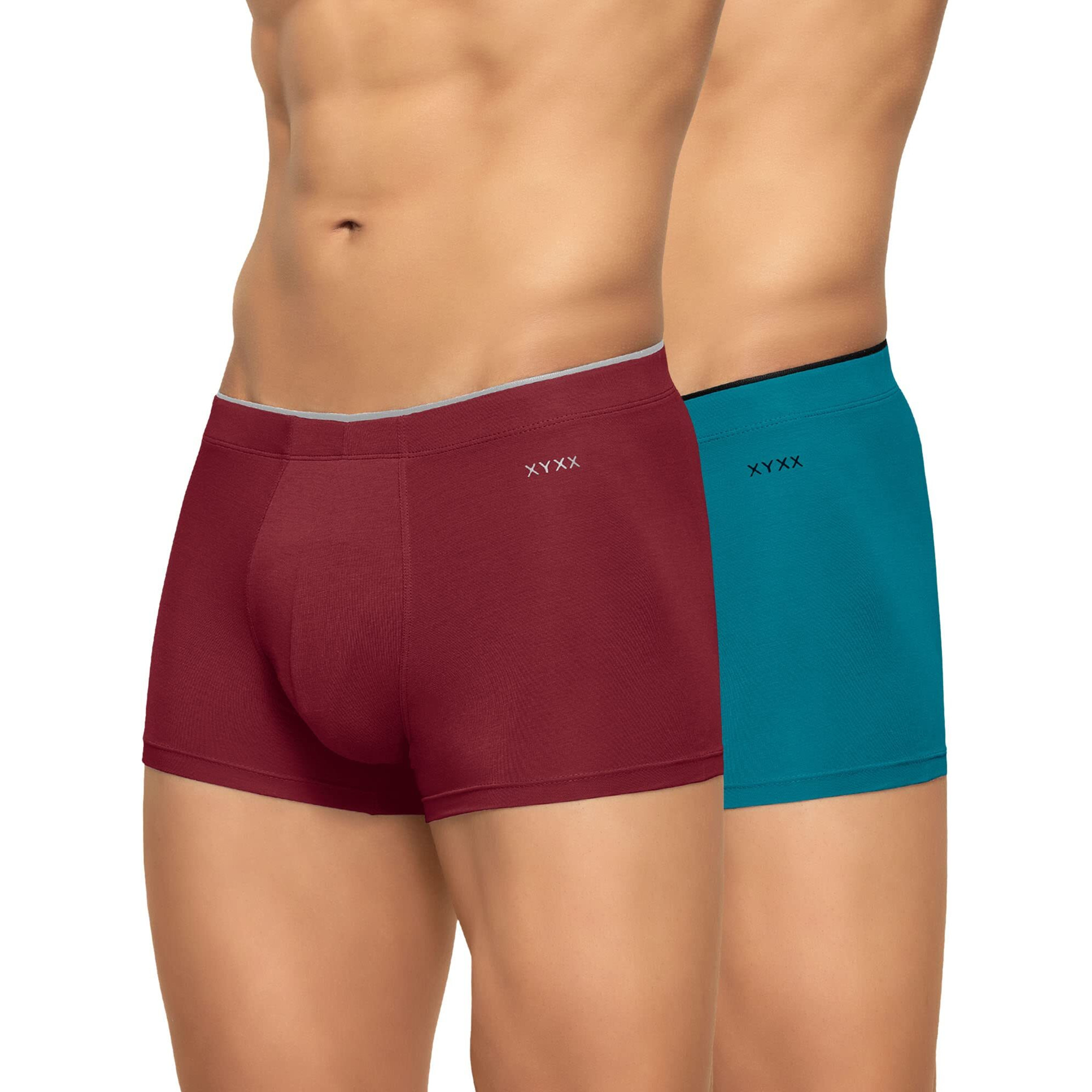 XYXX Men's Modal Classic Stretch Solid Trunks (Pack of 2) (XYTRNK_R1_2_Maroon+Teal Blue_M)