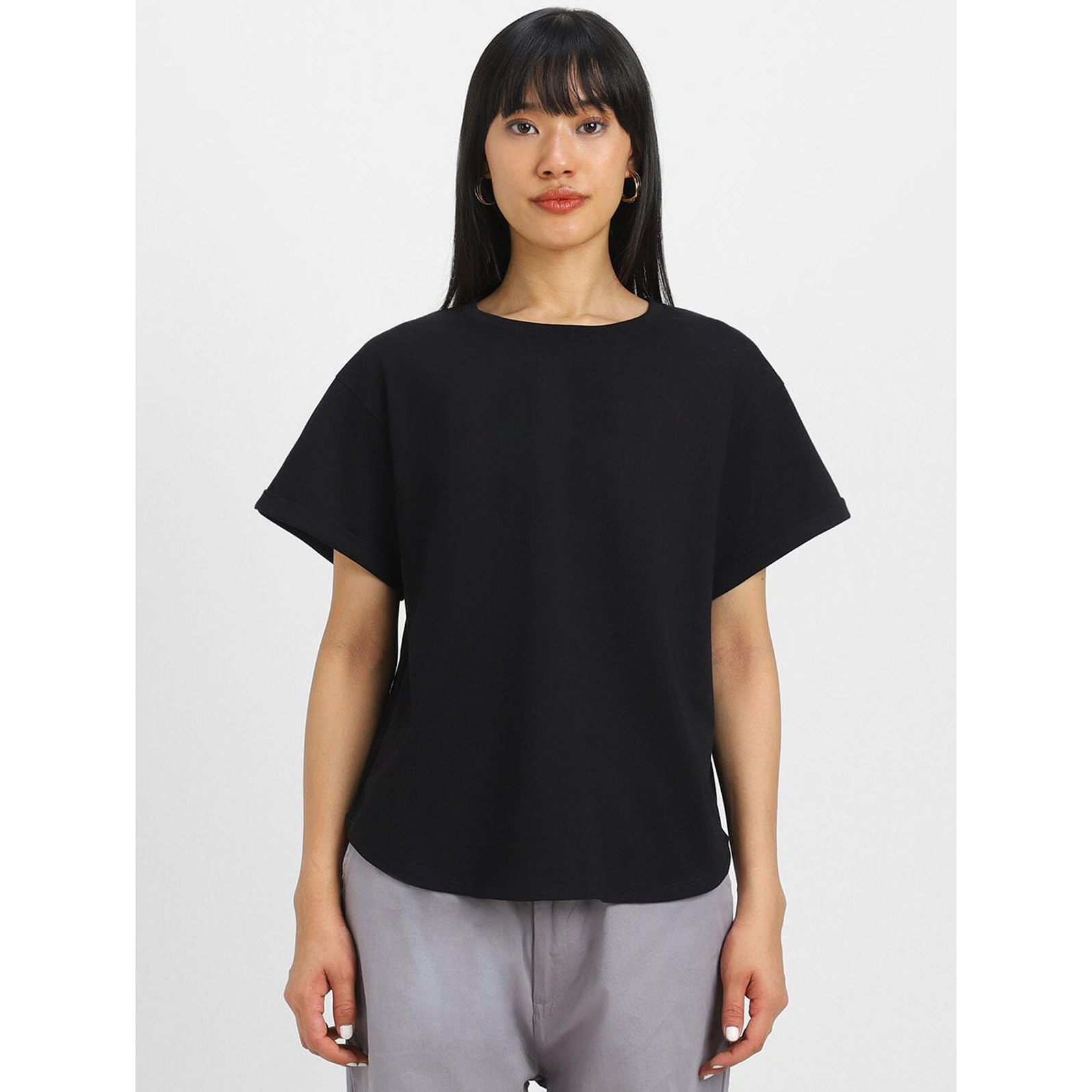 JUNEBERRY Pure 100% Cotton Oversized Loose Baggy Fit Round Neck with Drop Shoulder Black & Cork Half Sleeves Boyfriend T-Shirt for Women & Girls (PO2_BF_44BK_46CR_S)