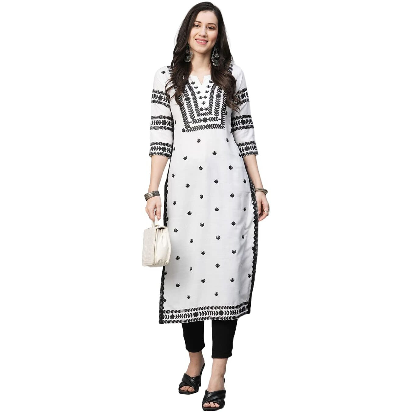 GoSriKi Women's Cotton Blend Embroidered Straight Kurta (Stho-White-Nw2-GS_3XL_White_XXX-Large)
