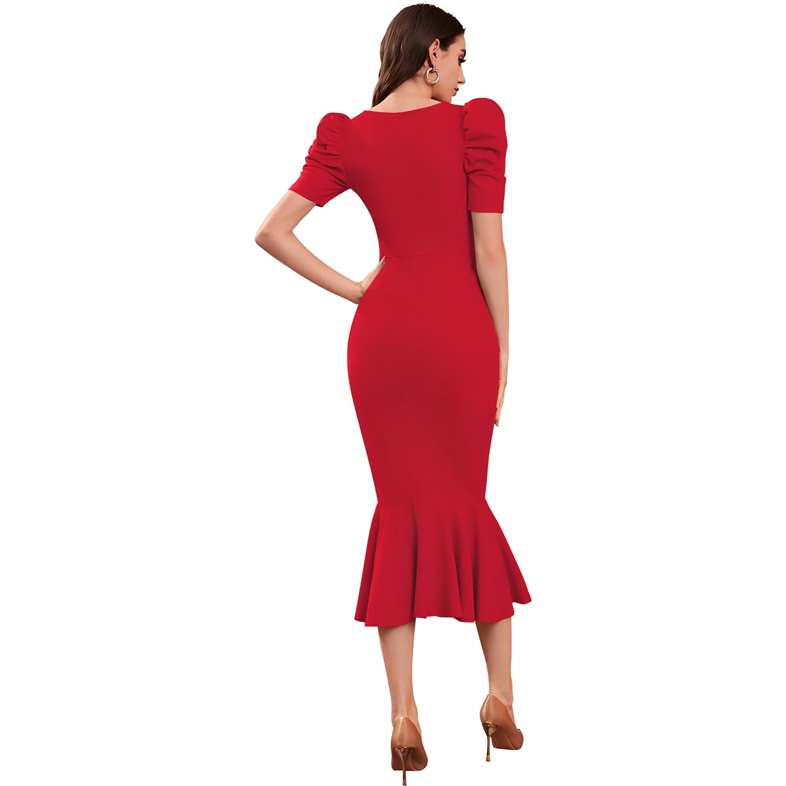 SATPURUSH Women's Lycra Blend Sweet-Heart Neck Puff Sleeve Fit and Flared Calf Length Casual Bodycon Dress for Party, Office, Meetings Etc. (Red, L)