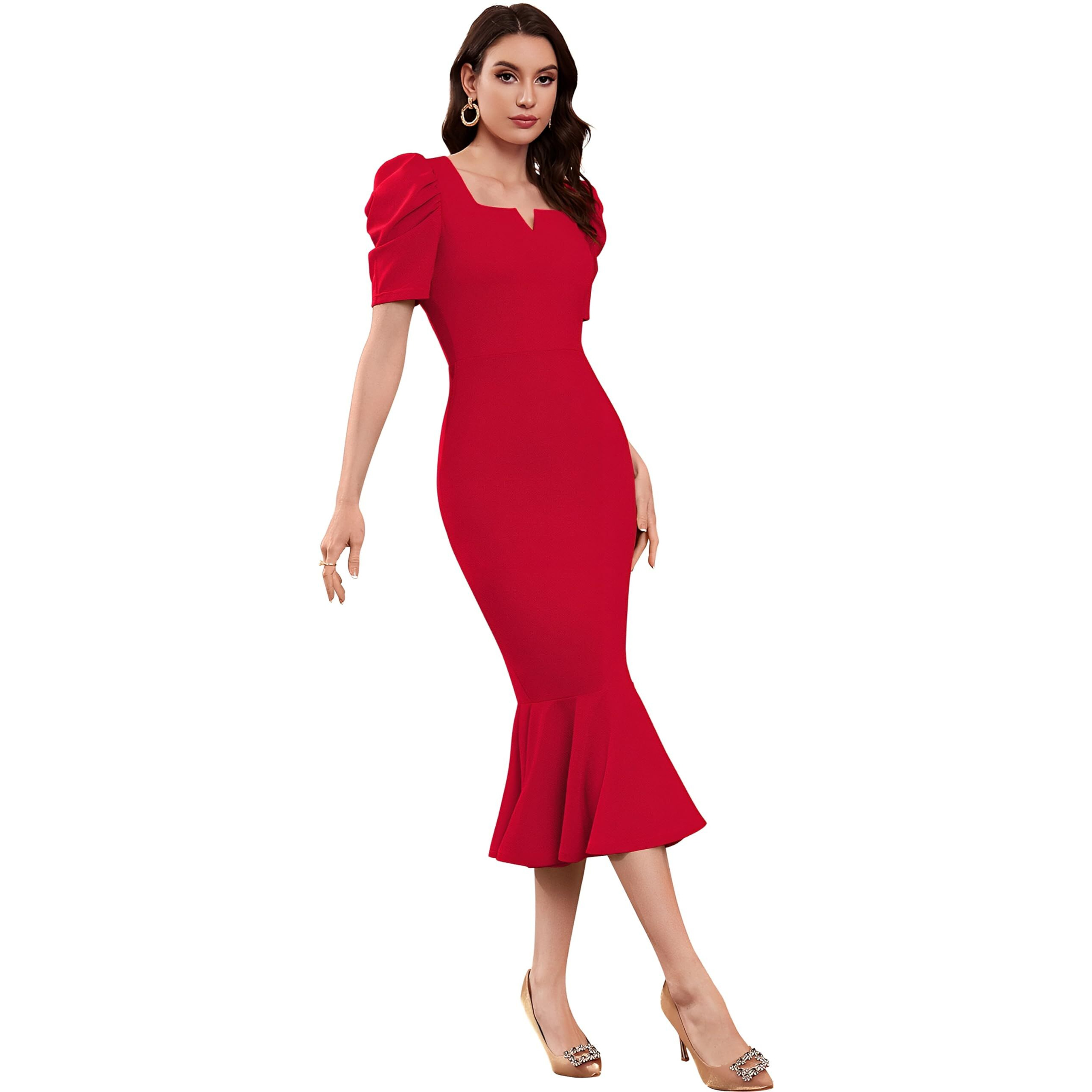 SATPURUSH Women's Lycra Blend Sweet-Heart Neck Puff Sleeve Fit and Flared Calf Length Casual Bodycon Dress for Party, Office, Meetings Etc. (Red, L)