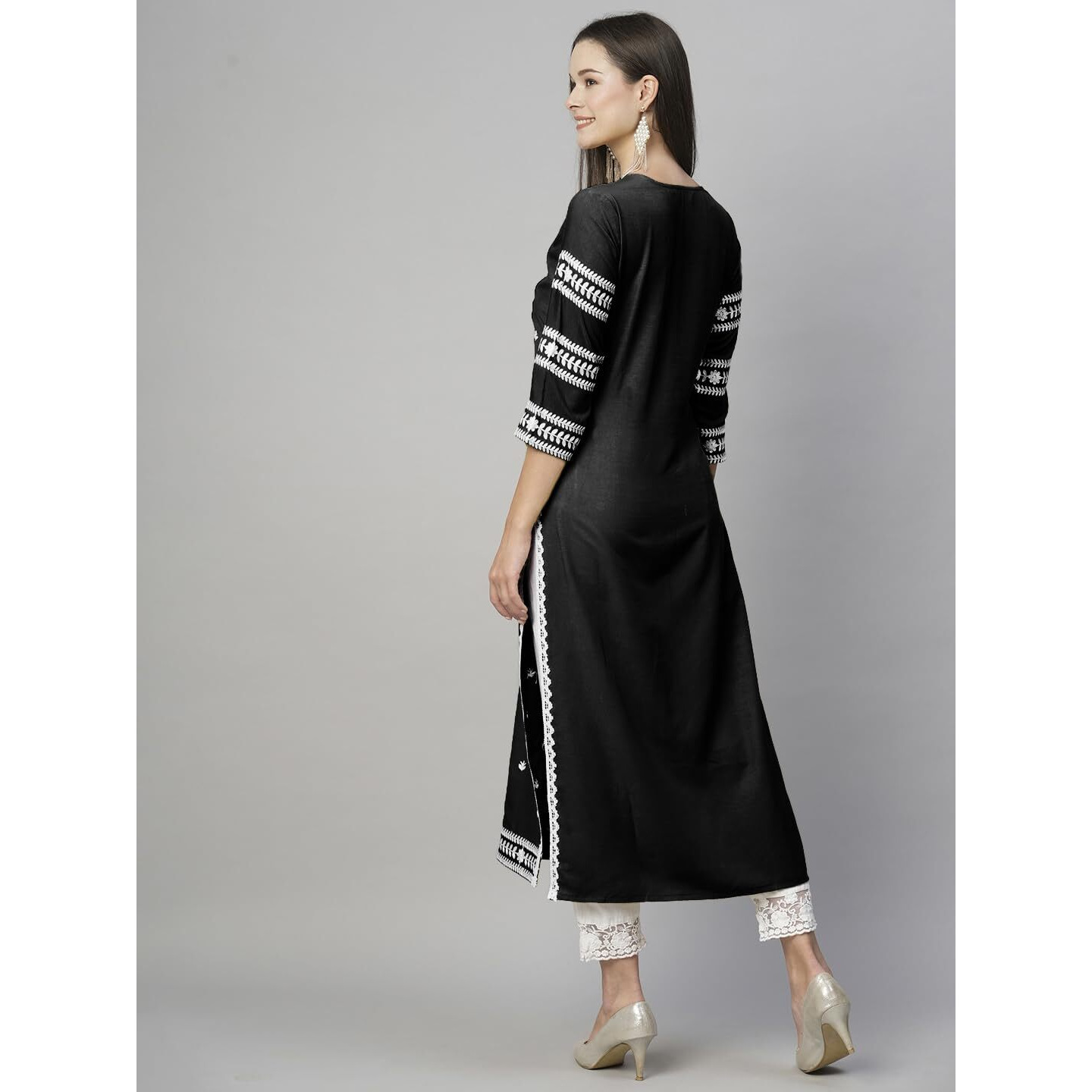 GoSriKi Women's Cotton Blend Embroidered Straight Kurta (Stho-Black-GS_L_Black_Large)