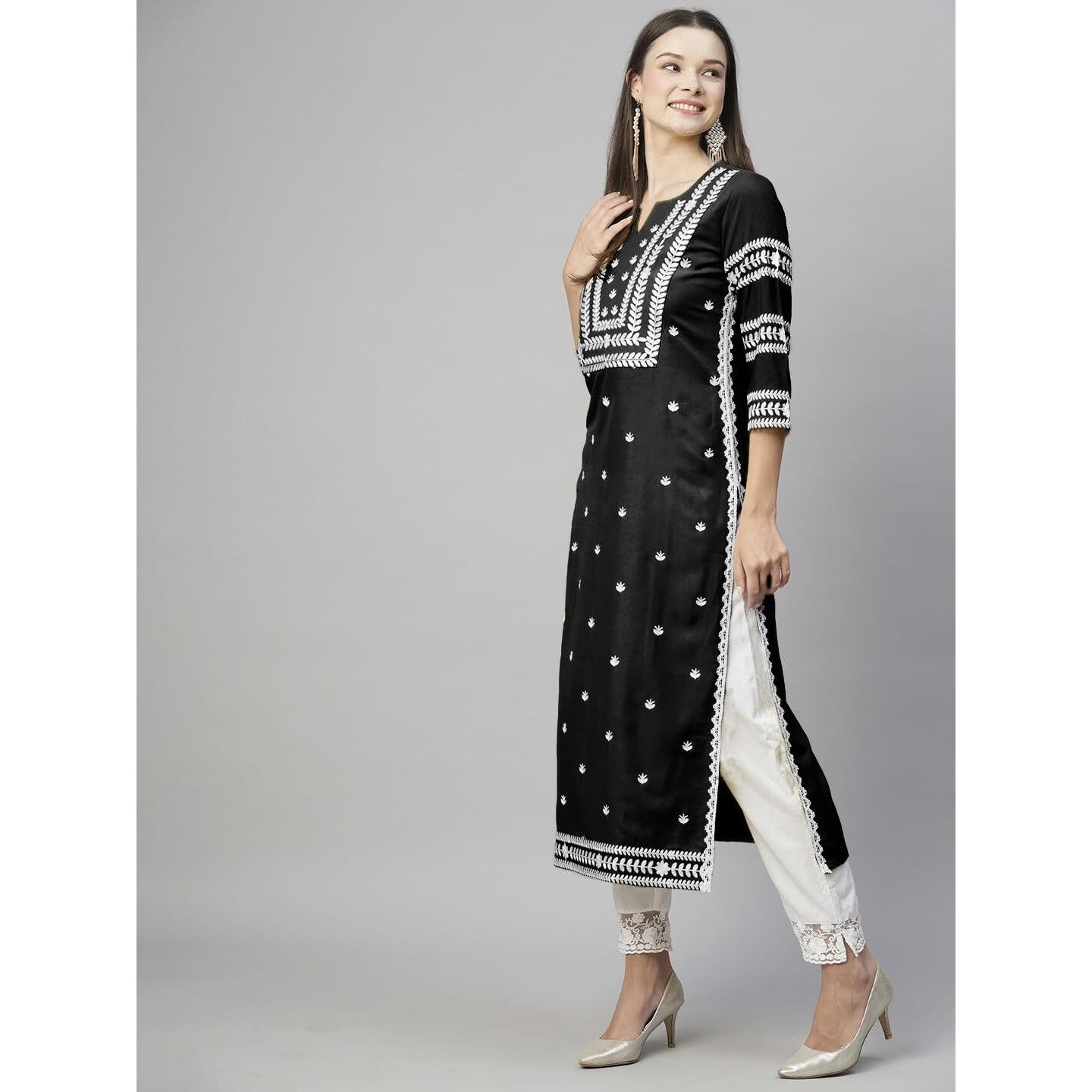 GoSriKi Women's Cotton Blend Embroidered Straight Kurta (Stho-Black-GS_L_Black_Large)