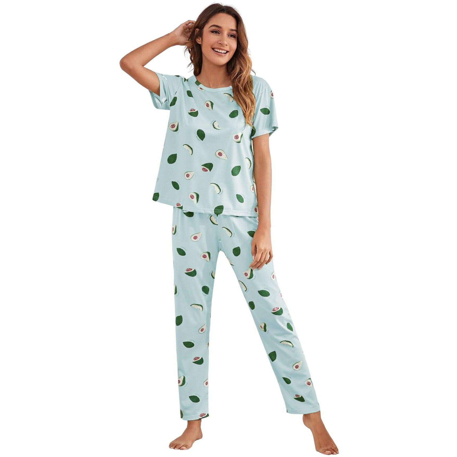 SMOWKLY Printed Round Neck Short Sleeve Nightsuit Set | Pajama Set | Night Dress for Women (1026_SKBL_XXL) Sky Blue