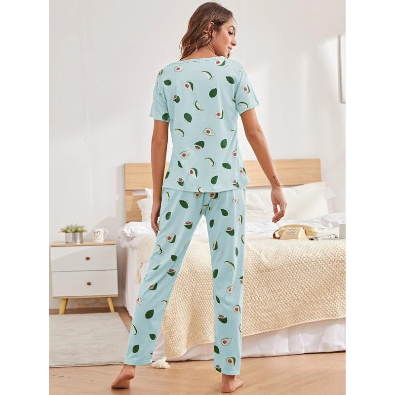 SMOWKLY Printed Round Neck Short Sleeve Nightsuit Set | Pajama Set | Night Dress for Women (1026_SKBL_XXL) Sky Blue