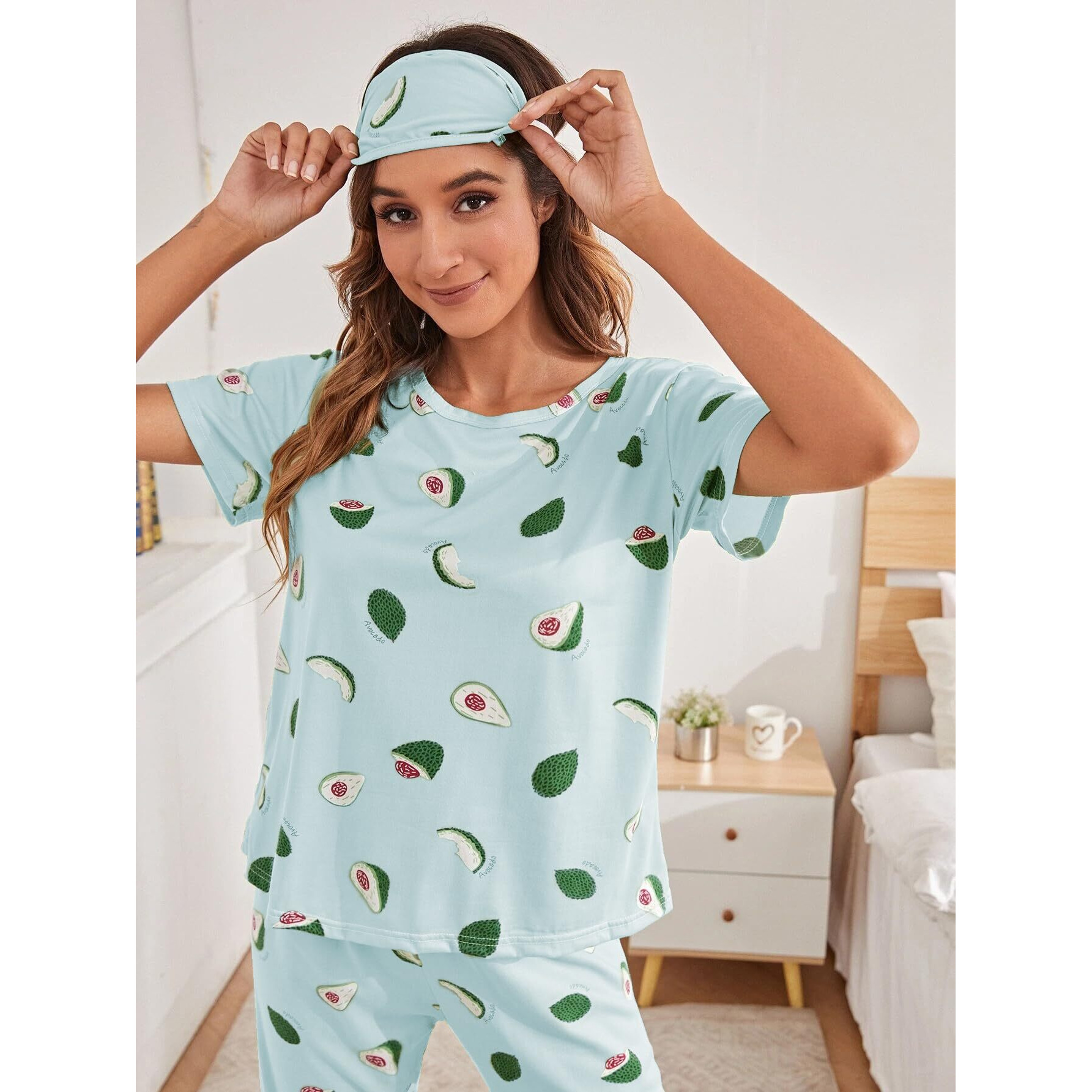 SMOWKLY Printed Round Neck Short Sleeve Nightsuit Set | Pajama Set | Night Dress for Women (1026_SKBL_XXL) Sky Blue