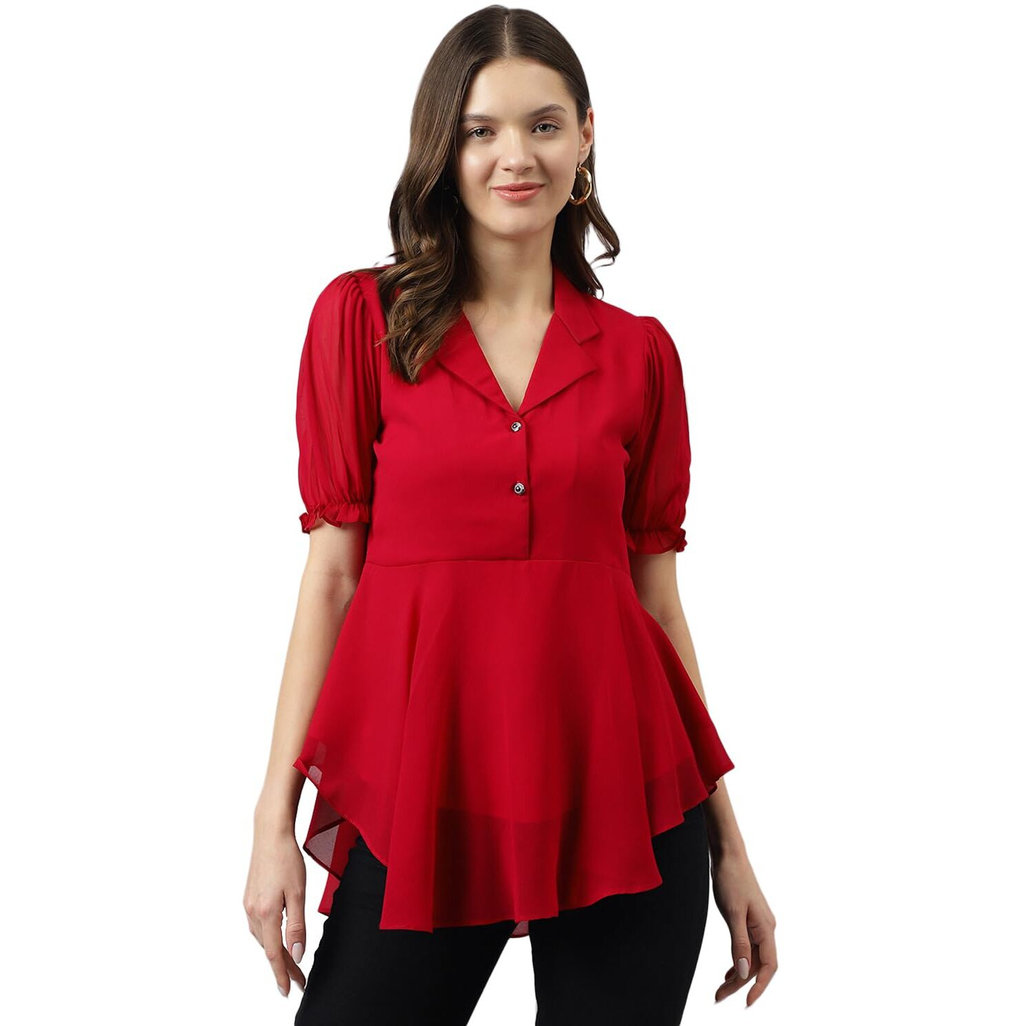KERI PERRY Women's Georgette Solid Flared Western Top | Winter Top | Western Top | Top for Women | Latest Women Top | Trendy Women Top | New Launched (X-Large, Red)