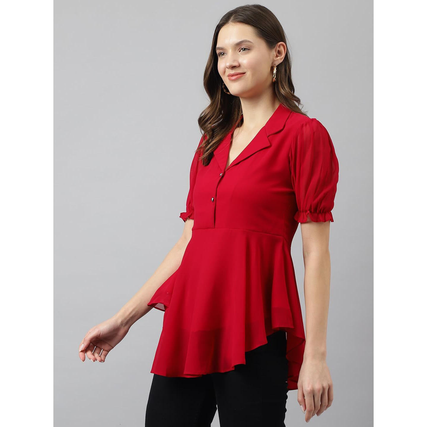 KERI PERRY Women's Georgette Solid Flared Western Top | Winter Top | Western Top | Top for Women | Latest Women Top | Trendy Women Top | New Launched (X-Large, Red)