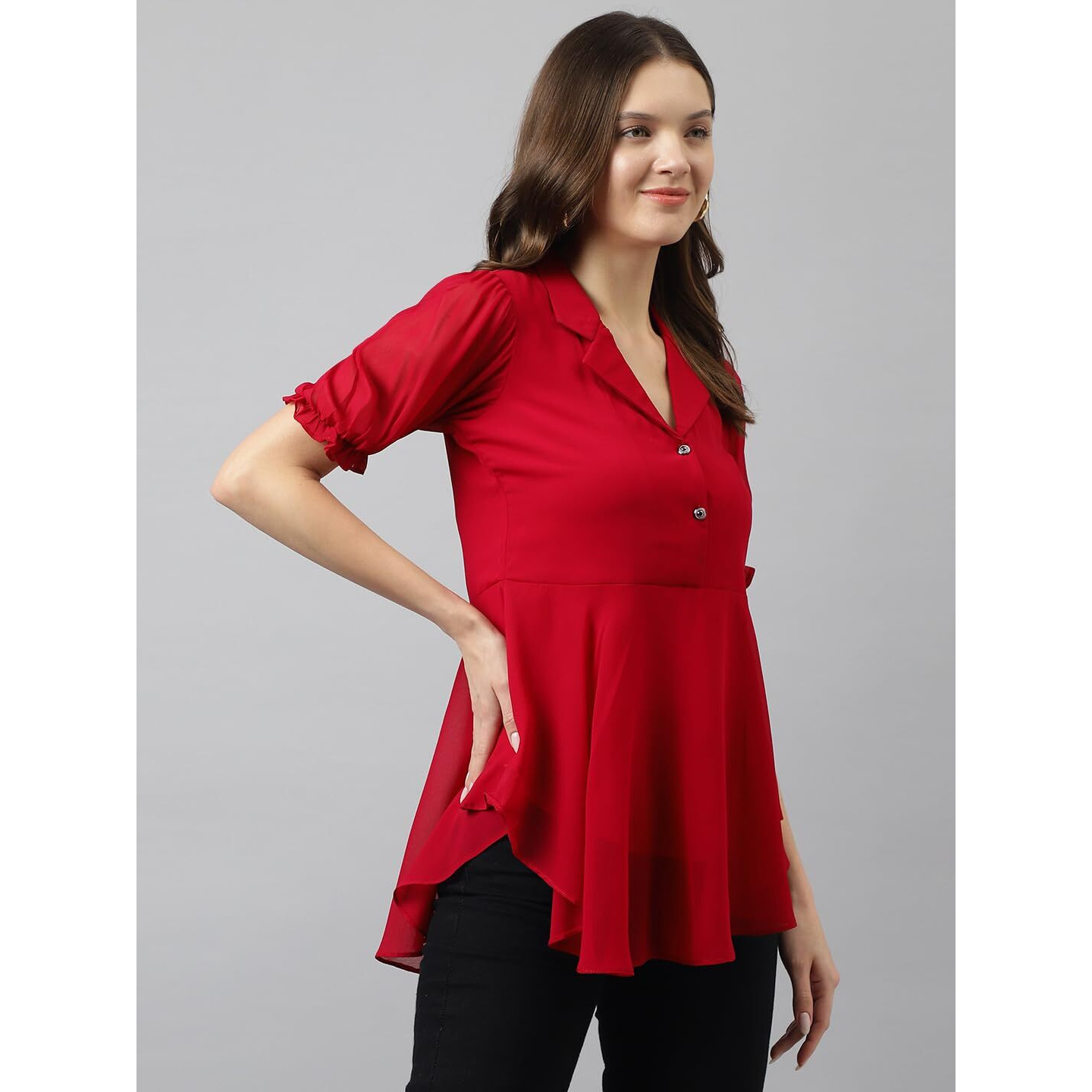 KERI PERRY Women's Georgette Solid Flared Western Top | Winter Top | Western Top | Top for Women | Latest Women Top | Trendy Women Top | New Launched (X-Large, Red)