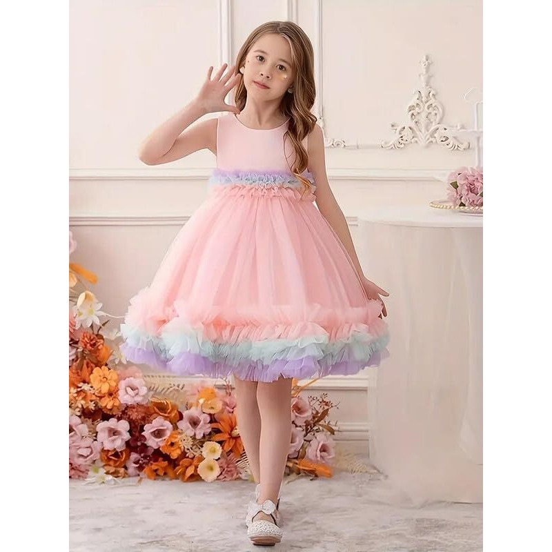 Niren Enterprise Fairy Tail Net Flared Sleeveless Ruffled Pattern Baby Girl Frock, Pack of 1 (Fairy Tail, 7-8Y) Pink