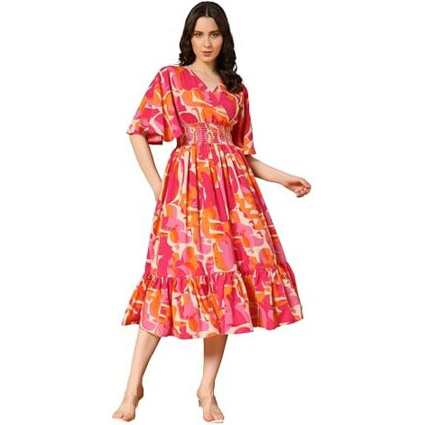 KZULLY Women's Rayon Smocked Midi Dress (6001-Orange-Pink-L_Orange-Pink_L)