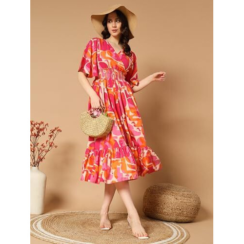 KZULLY Women's Rayon Smocked Midi Dress (6001-Orange-Pink-L_Orange-Pink_L)