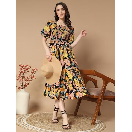 KZULLY Women's Crepe A-Line Midi Dress (1001-Yellow-Peach-Flower-L_Yellow