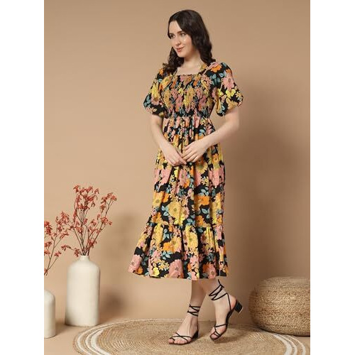 KZULLY Women's Crepe A-Line Midi Dress (1001-Yellow-Peach-Flower-L_Yellow