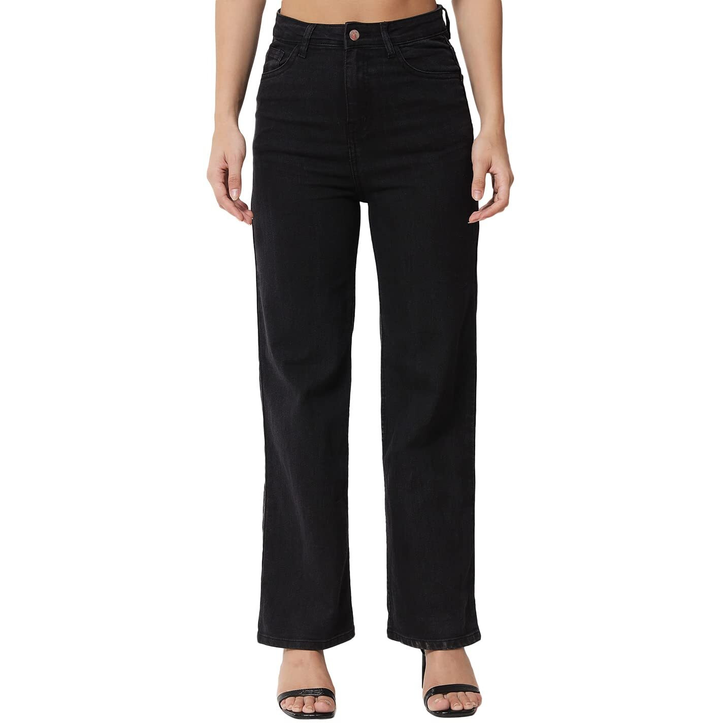 KOTTY Women High Rise Cotton Lycra Regular Length Straight fit Jet Black Solid Jeans (Jet Black,30)