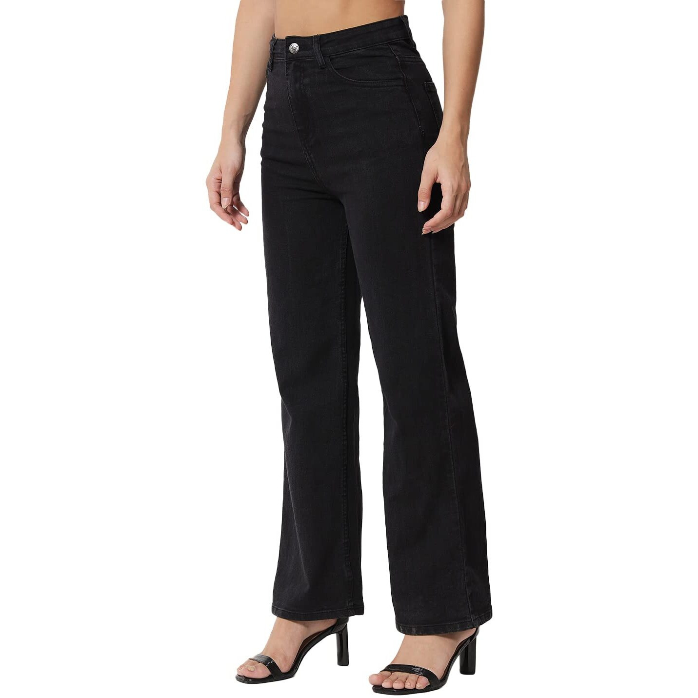 KOTTY Women High Rise Cotton Lycra Regular Length Straight fit Jet Black Solid Jeans (Jet Black,30)