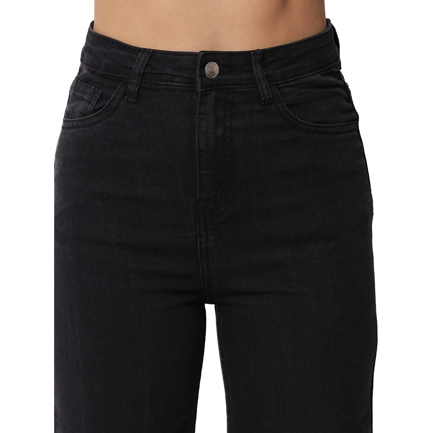 KOTTY Women High Rise Cotton Lycra Regular Length Straight fit Jet Black Solid Jeans (Jet Black,30)