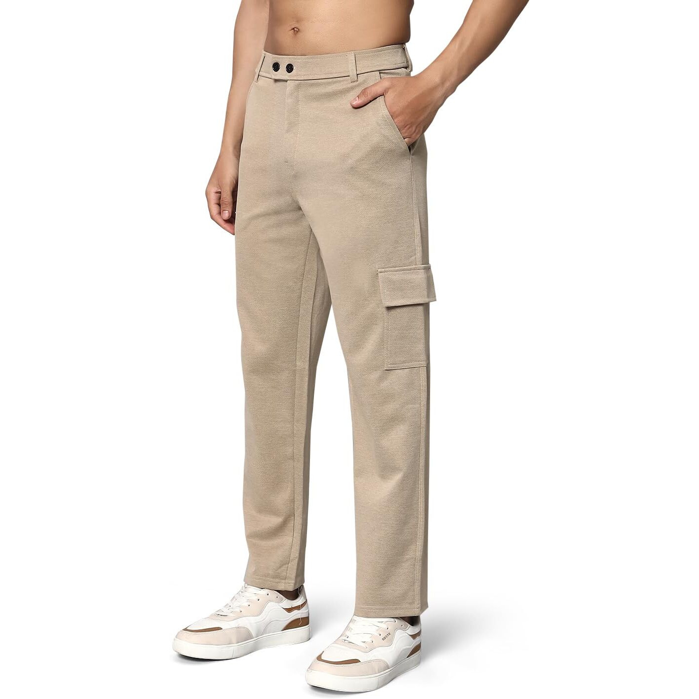 Vogaan Stretchable Lycra Stylish Cargo Pant for Men | Regular Slim Fit | Men's Stretchable Cargos with 5 Pockets | Mens Street Wear Casual Trouser Pants (Beige_32)