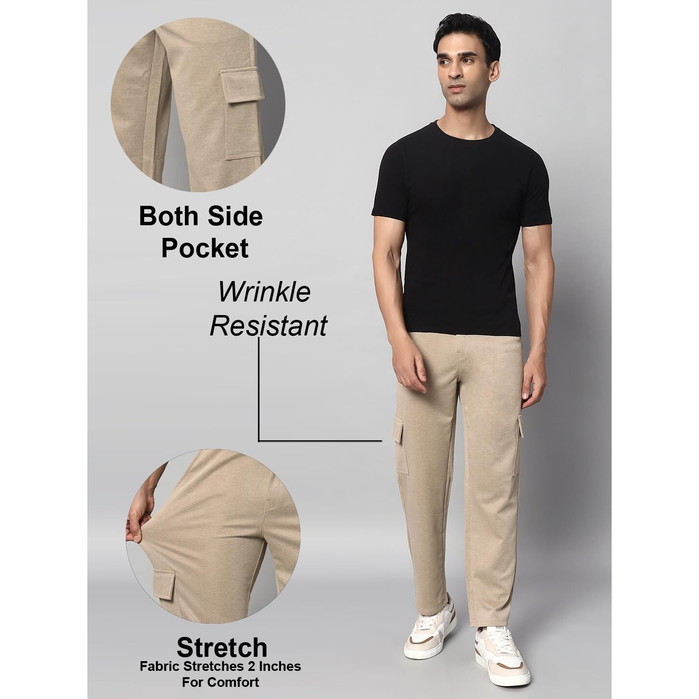 Vogaan Stretchable Lycra Stylish Cargo Pant for Men | Regular Slim Fit | Men's Stretchable Cargos with 5 Pockets | Mens Street Wear Casual Trouser Pants (Beige_32)