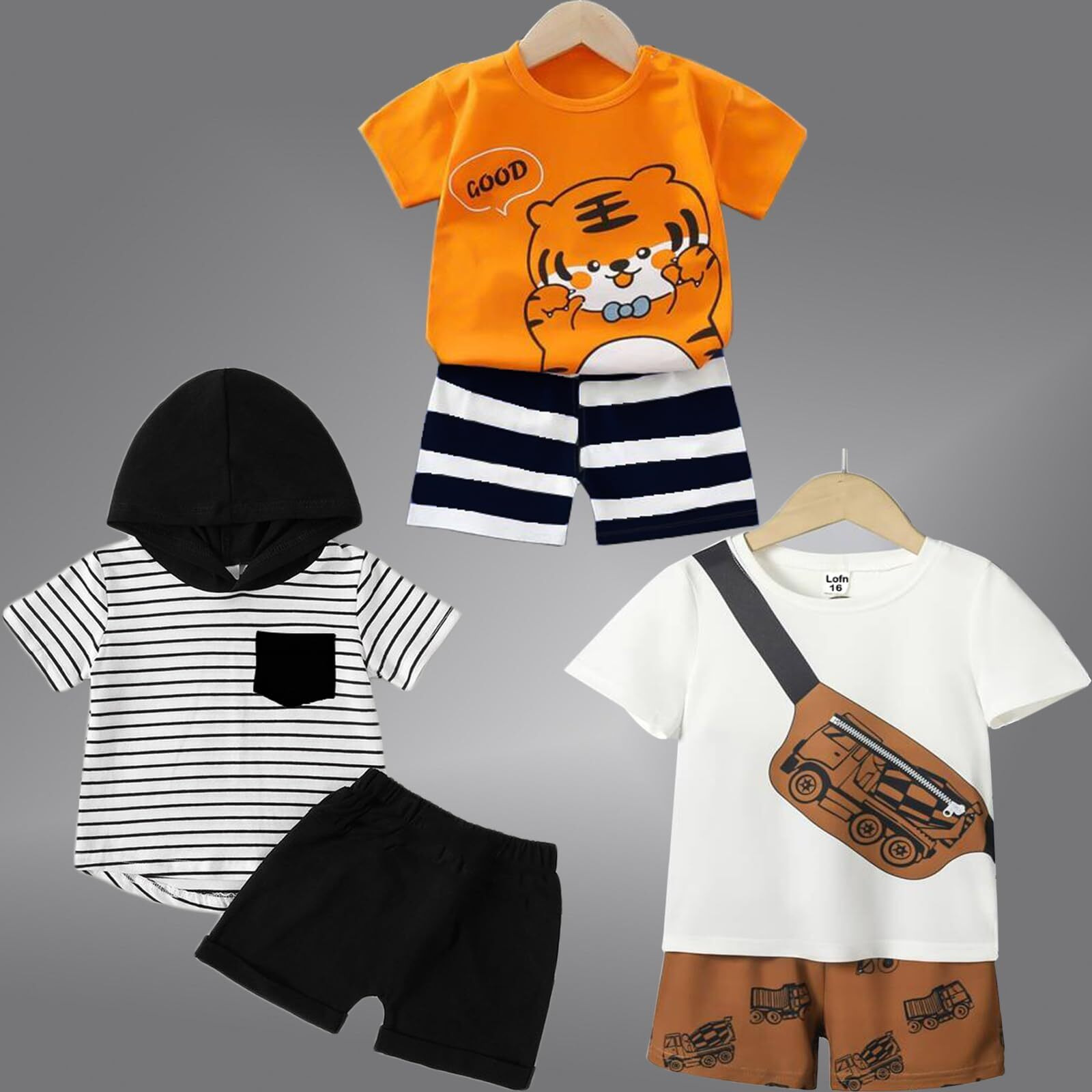 Lofn Cotton Clothing Sets For Baby Boys & Baby Girls Printed Kids Clothing Sets-Unisex Clothing Sets Half Sleeve T-Shirt & Shorts Pack Of 3 (T84Or-T70Wh-20-T83Cp), Multicolor