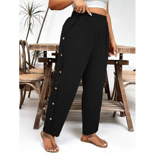 TOPLOT Women Casual Slanted Pocket Elastic Waist Tapered Pants (Button-Pant-5192-Black-34)