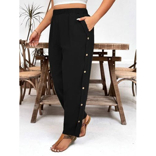 TOPLOT Women Casual Slanted Pocket Elastic Waist Tapered Pants (Button-Pant-5192-Black-34)