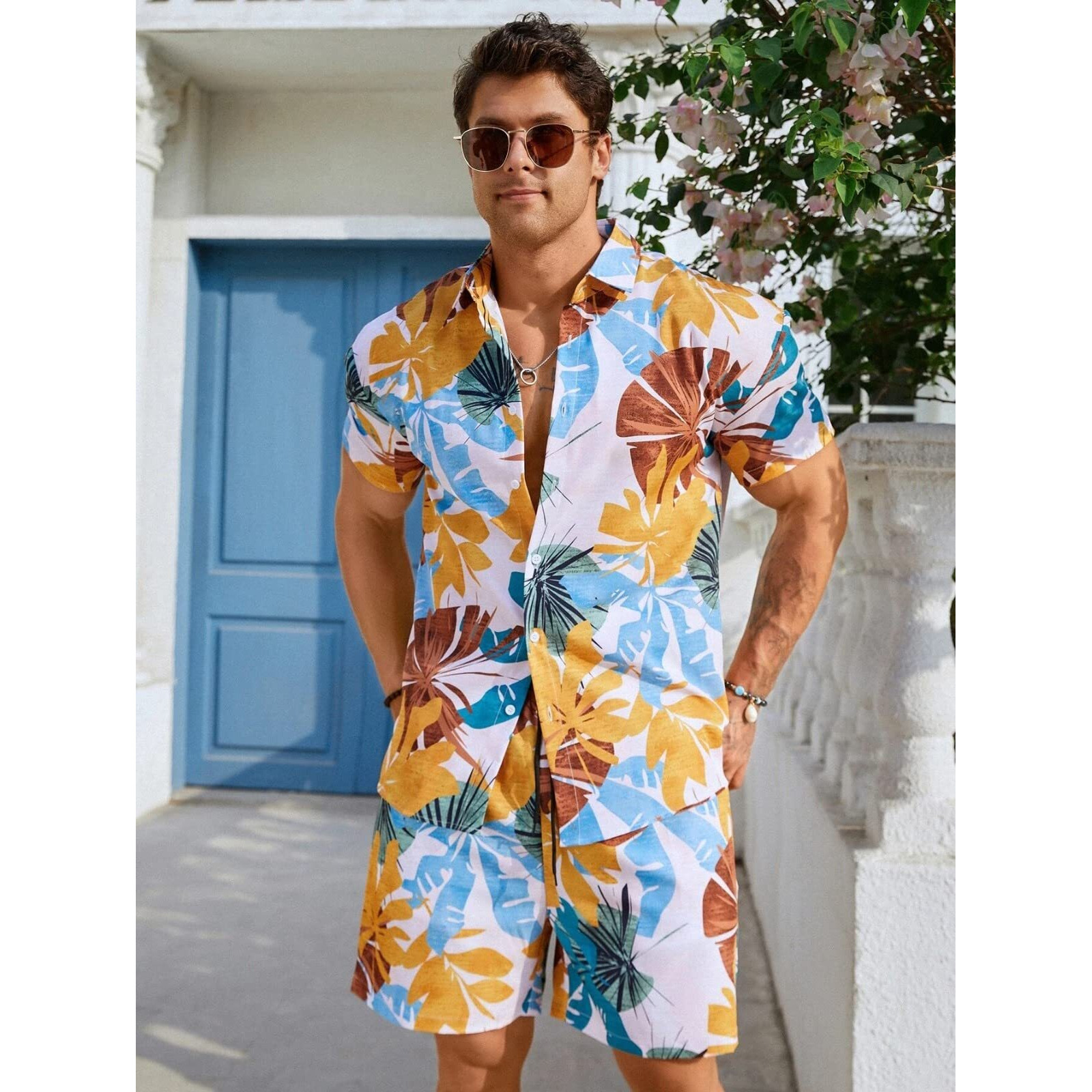 GRECIILOOKS Mens Casual Rayon Regular Fit Co-Ord Set (Multicolor, Large)