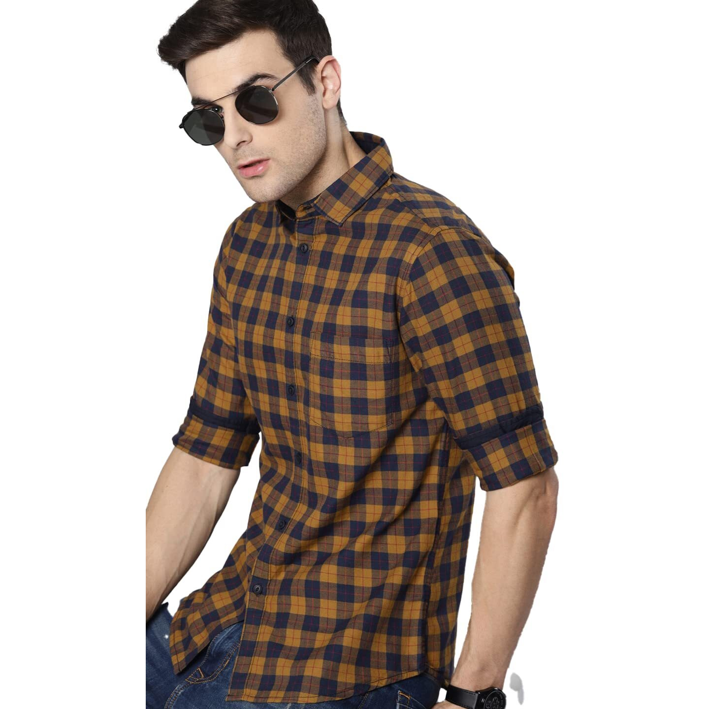 Dennis Lingo Men's Mustard Checks Spread Collar Slim Fit Casual Shirt