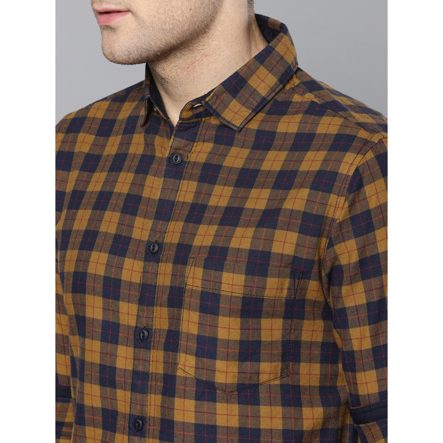 Dennis Lingo Men's Mustard Checks Spread Collar Slim Fit Casual Shirt
