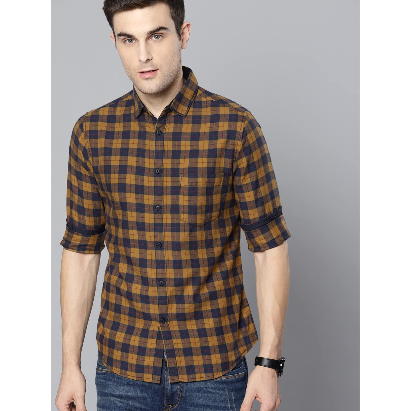 Dennis Lingo Men's Mustard Checks Spread Collar Slim Fit Casual Shirt