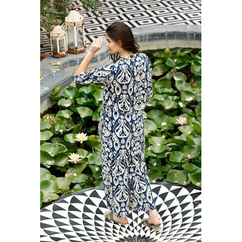 ANNI DESIGNER Women's Cotton Blend Mid Thigh Printed Co-Ord Set (J111 Blue Co-Ord_M_Blue_Medium)