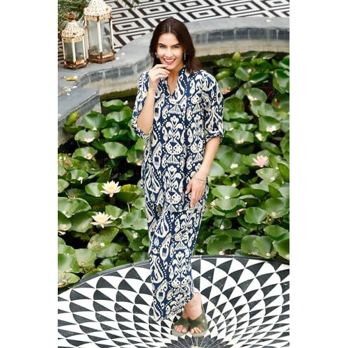 ANNI DESIGNER Women's Cotton Blend Mid Thigh Printed Co-Ord Set (J111 Blue Co-Ord_M_Blue_Medium)
