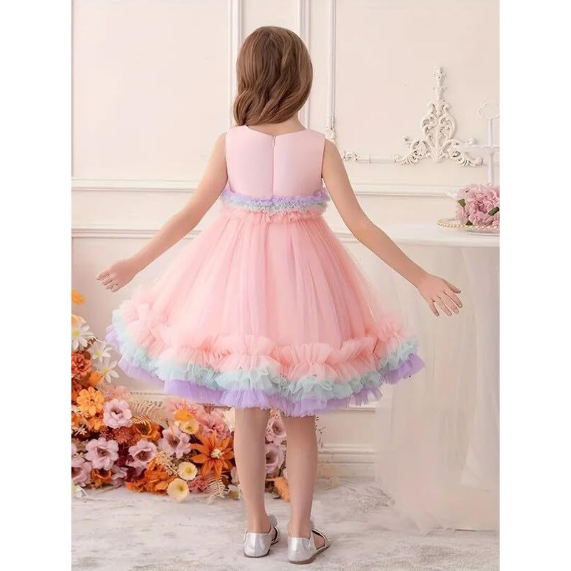 Niren Enterprise Fairy Tail Net Flared Sleeveless Ruffled Pattern Baby Girl Frock, Pack of 1 (Fairy Tail, 6-7Y) Pink