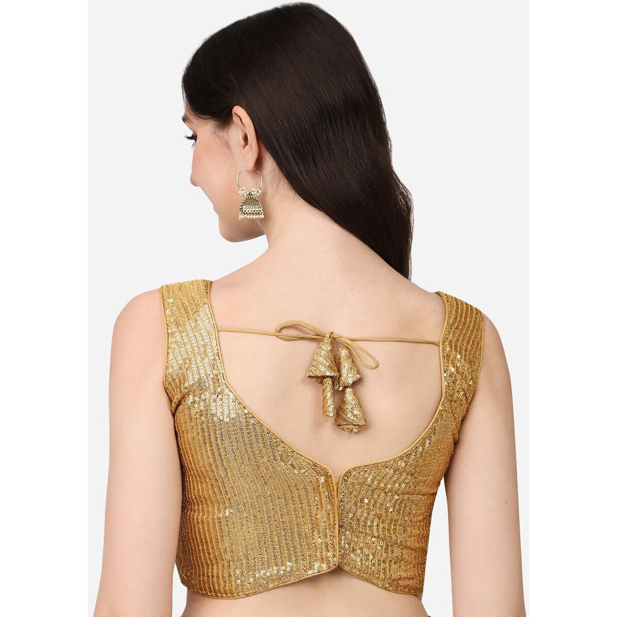 Vihu Fashion Women's Multicolor Sweetheart Neck Georgette Line Soft Sequence Zari Work Sleeves Readymade Saree Blouse (Gold, 32)