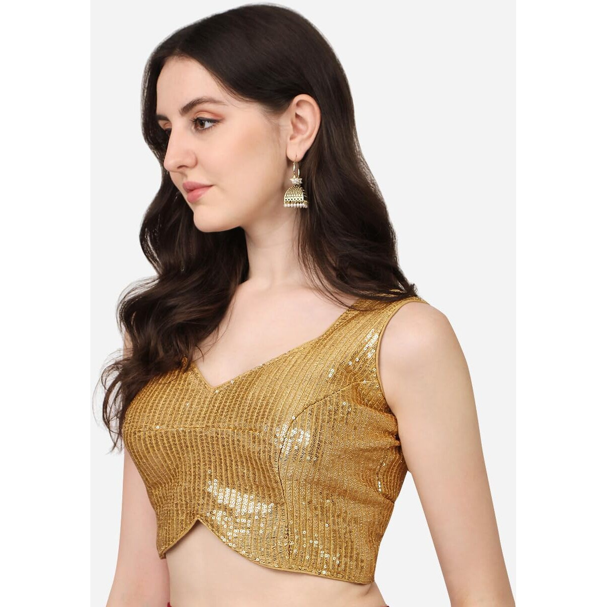 Vihu Fashion Women's Multicolor Sweetheart Neck Georgette Line Soft Sequence Zari Work Sleeves Readymade Saree Blouse (Gold, 32)
