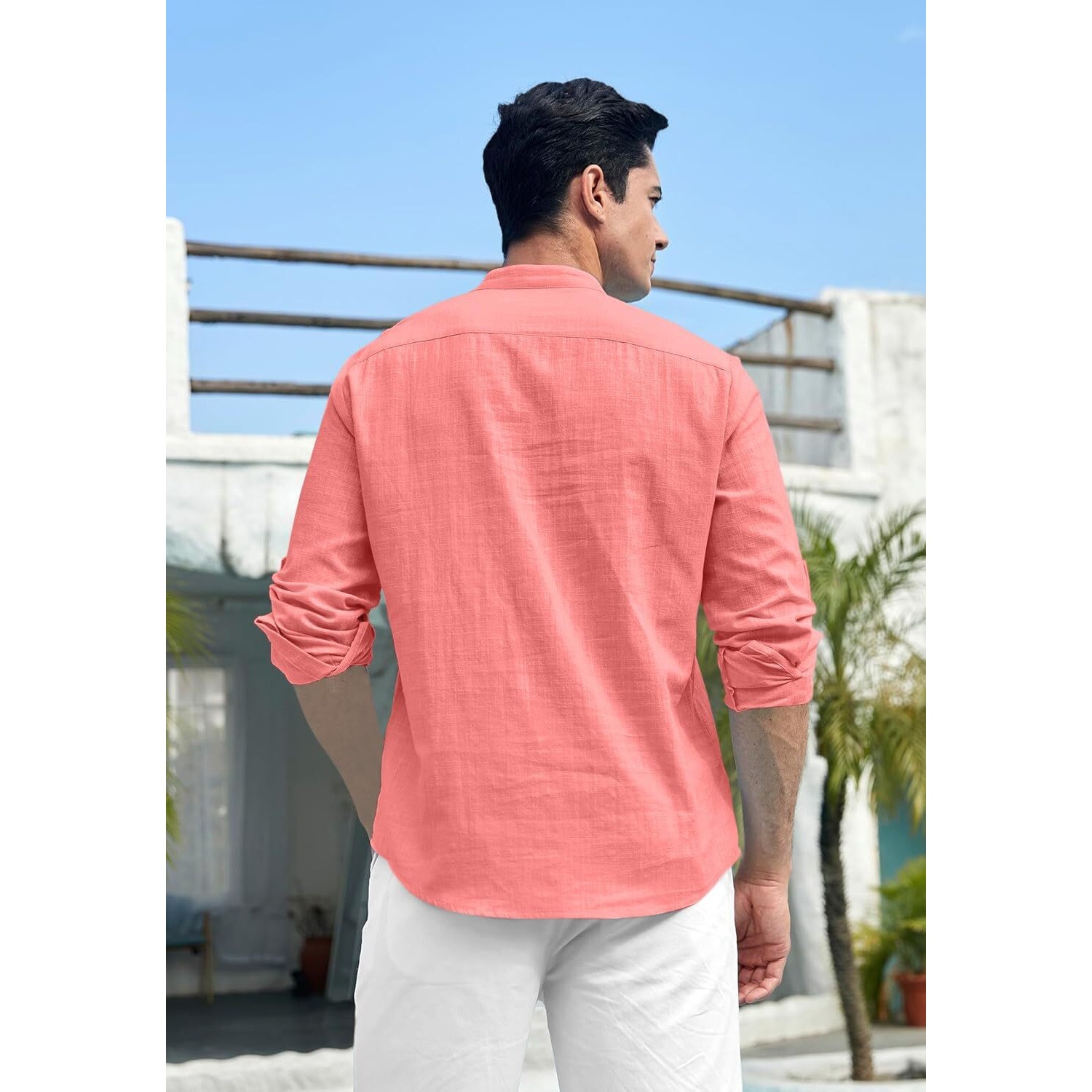 Zombom Cotton Blend Solid Casual Regular Fit Mandarin/Chinese Collor Short Kurta for Men Peach