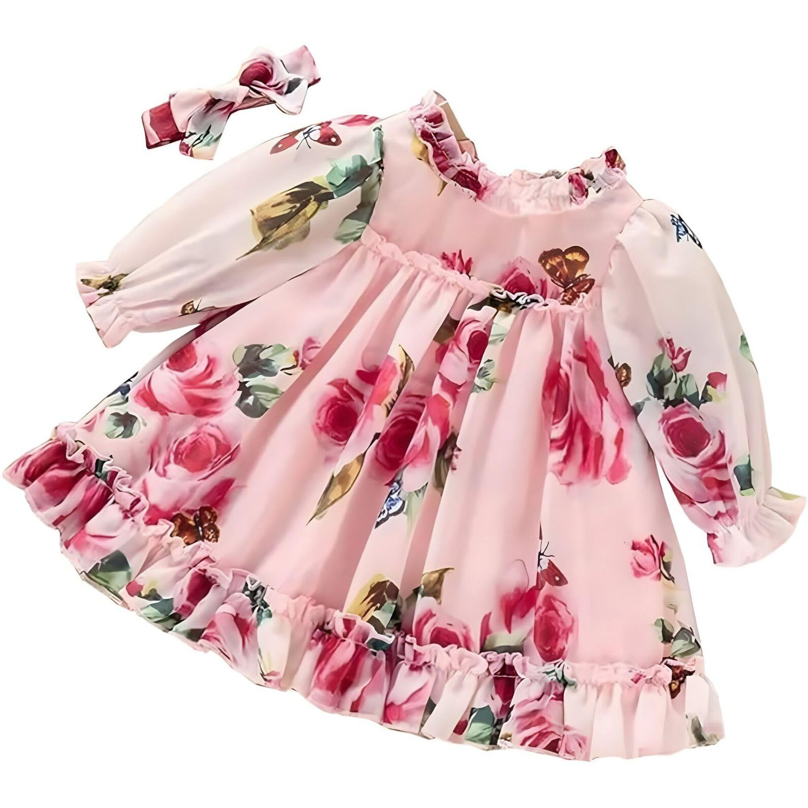 Niren Enterprise Pink Summer Floral Printed Full Sleeve Ruffle Pattern Baby Girl Frock (Pink Summer, 6-12M)