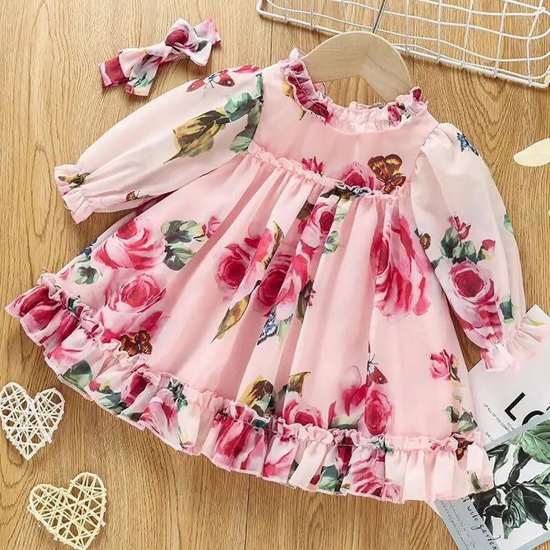 Niren Enterprise Pink Summer Floral Printed Full Sleeve Ruffle Pattern Baby Girl Frock (Pink Summer, 6-12M)