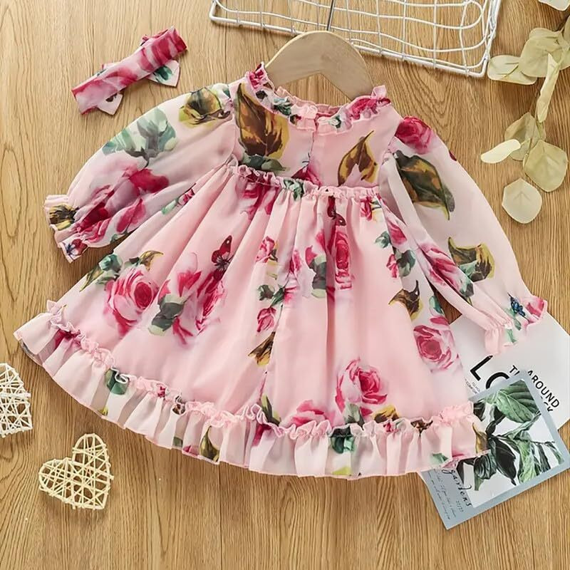 Niren Enterprise Pink Summer Floral Printed Full Sleeve Ruffle Pattern Baby Girl Frock (Pink Summer, 6-12M)