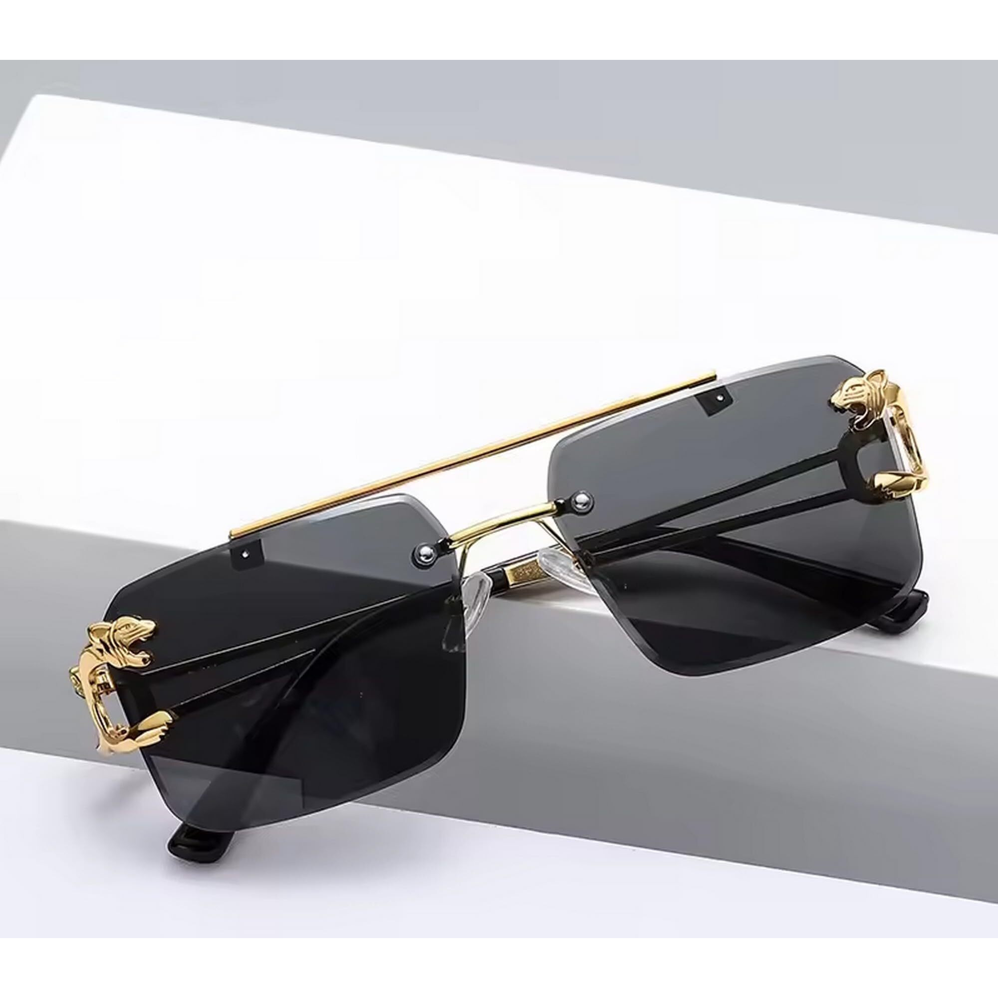 Dervin Retro Rimless Diamond Cut Rectangular sunglasses for Men and Women (Black)