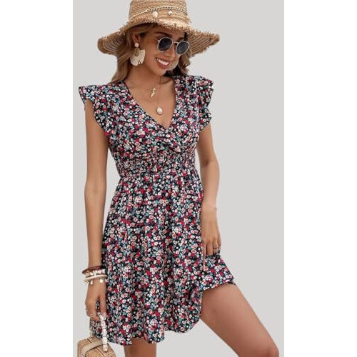 GRECIILOOKS Western Dress for Women| Floral Print Wrap V Neck Dress| Ruffle Sleeve Western Dress| Mini Summer Short Dress| Dress for Vacation| Outdoor Wear Dress (Small, Multicolor)