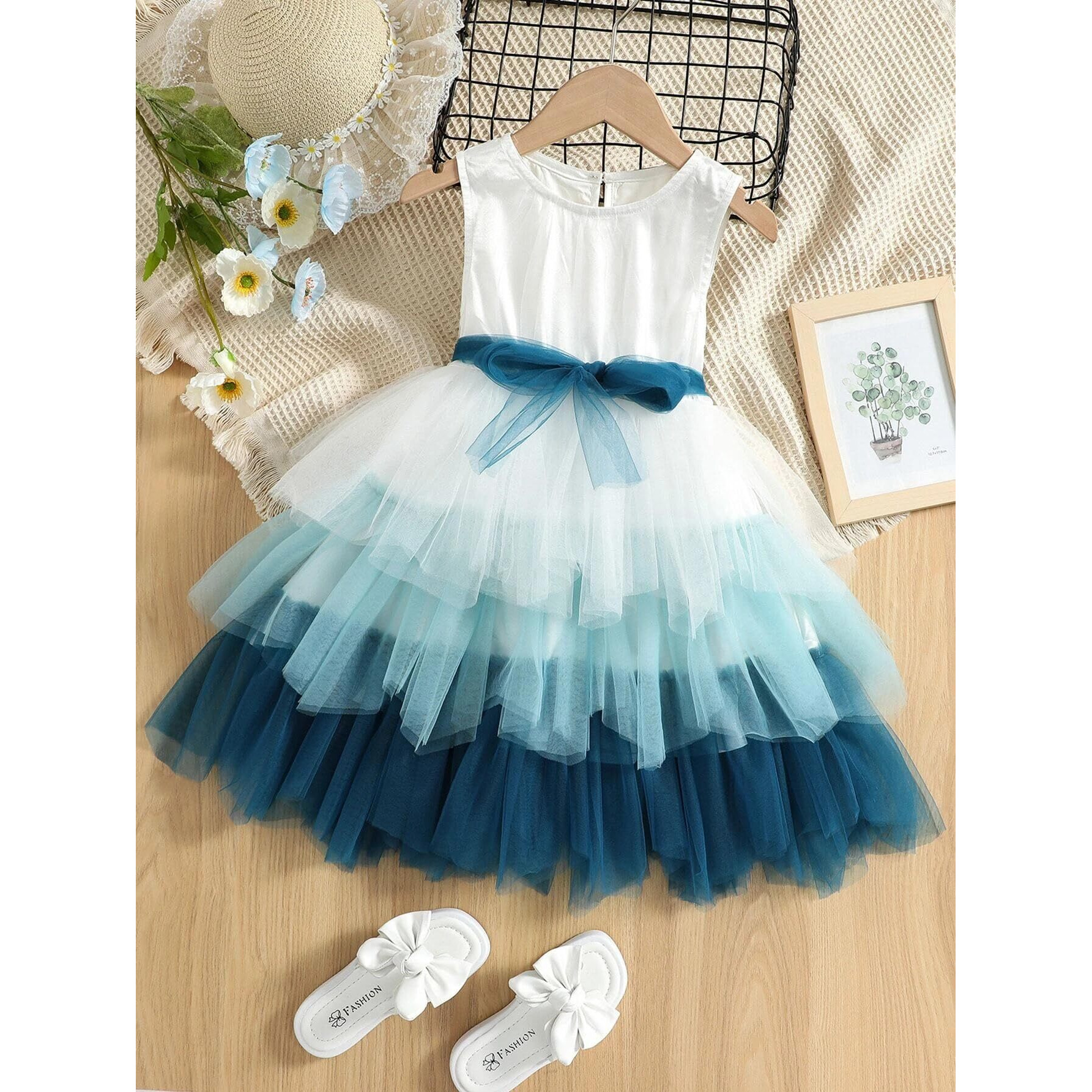 TAGAS Baby-Girl's Mesh Fit and Flare Knee-Length Dress (KD-203_Blue_9 Years-10 Years)