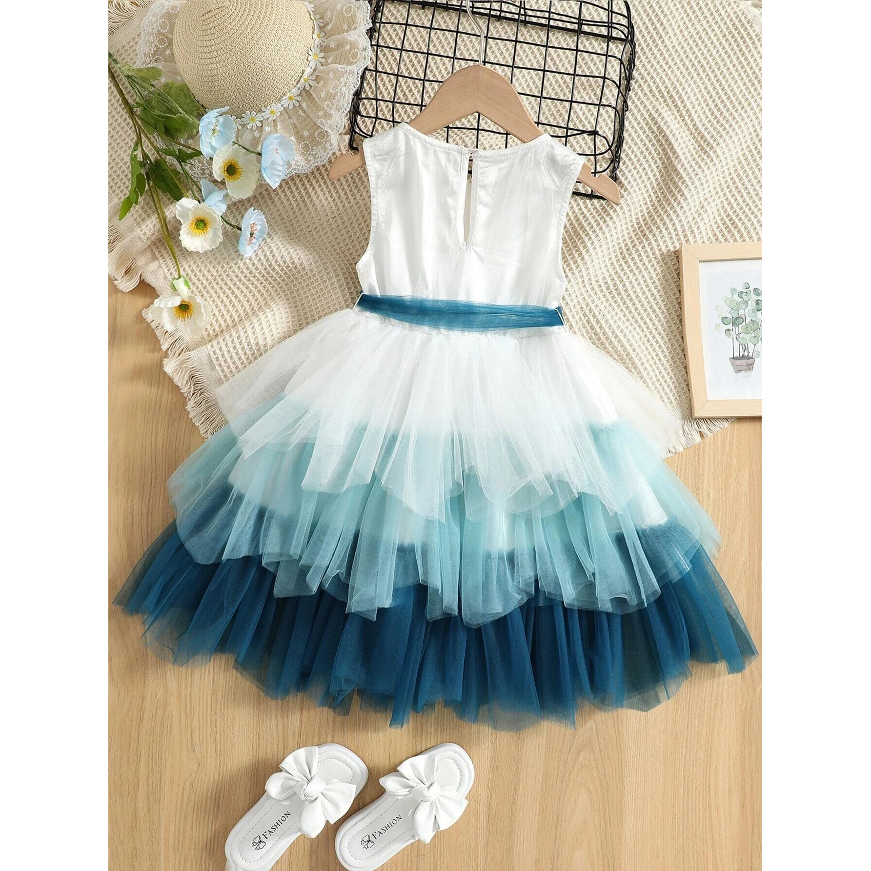 TAGAS Baby-Girl's Mesh Fit and Flare Knee-Length Dress (KD-203_Blue_9 Years-10 Years)