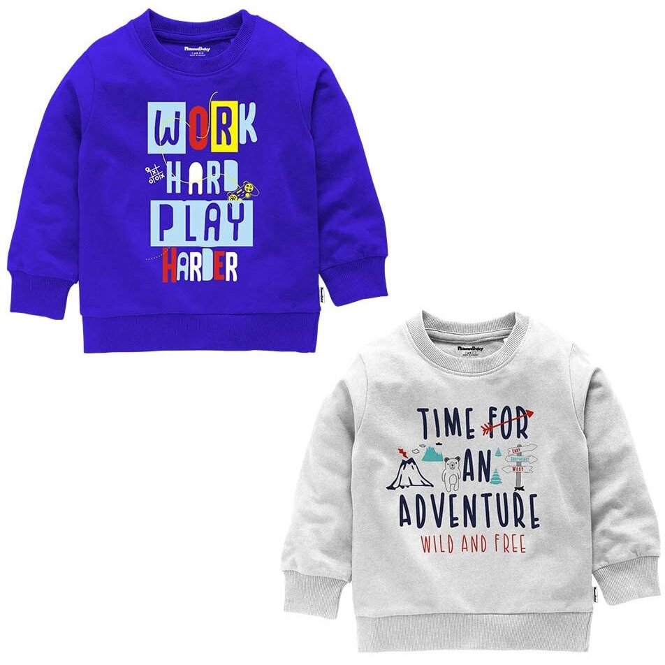 NammaBaby Boys' T-Shirt Chest Printed Full Sleeves Sweatshirt for Light Winters Pack of 2 Navy-Grey