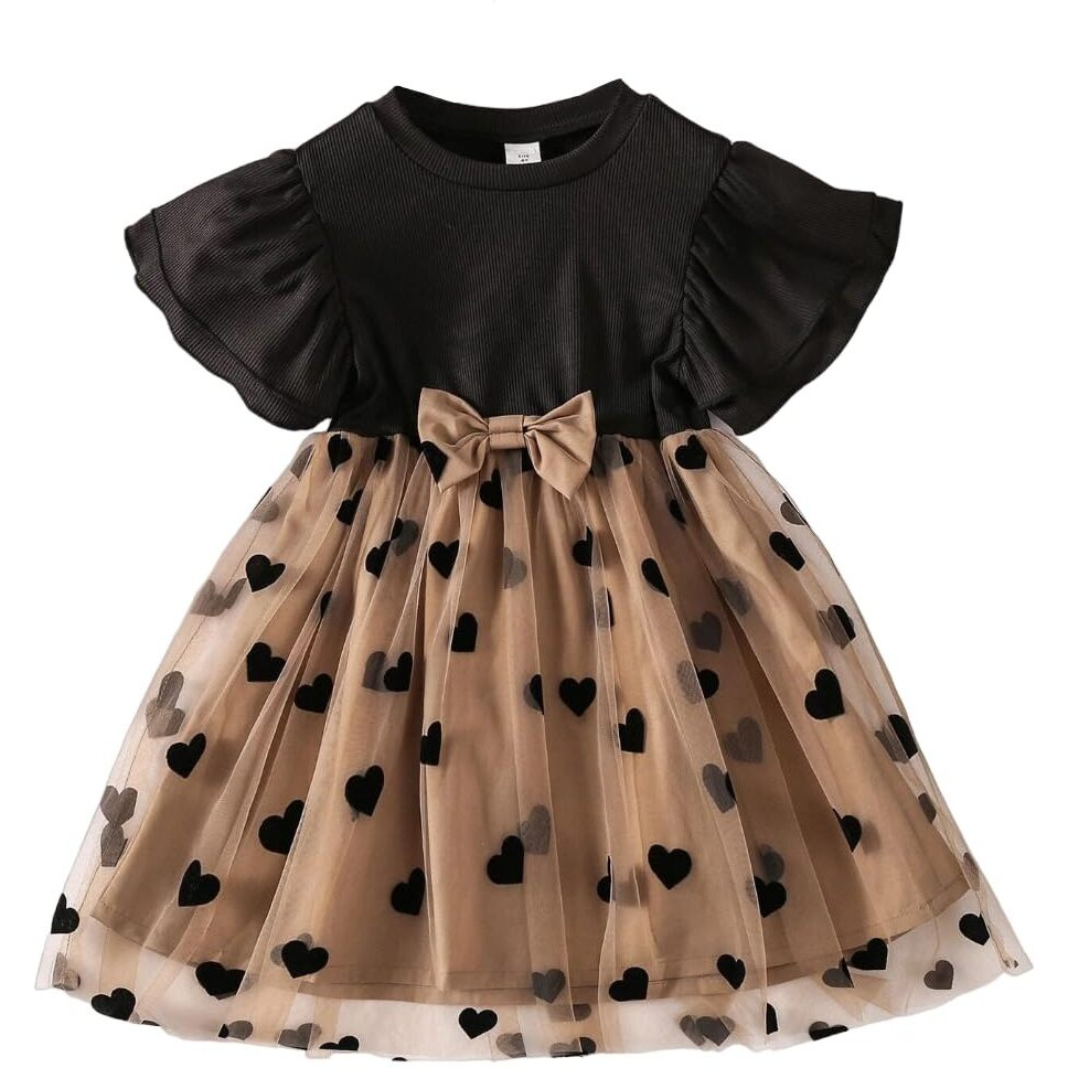 TAGAS Baby-Girl's Net A-Line Knee-Length Dress (KD-1122-BIG Heart-1_Brown(1) _12 Months-24 Months)