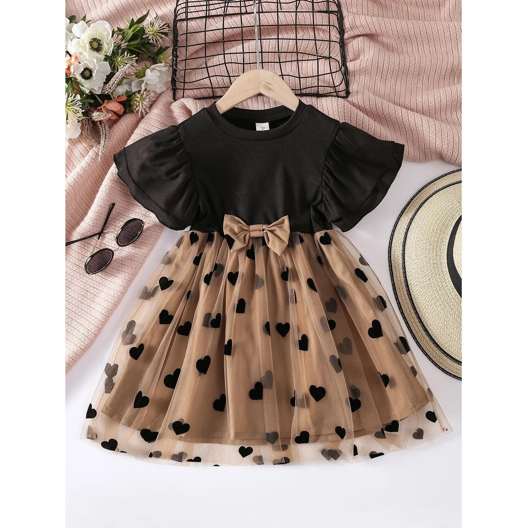 TAGAS Baby-Girl's Net A-Line Knee-Length Dress (KD-1122-BIG Heart-1_Brown(1) _12 Months-24 Months)